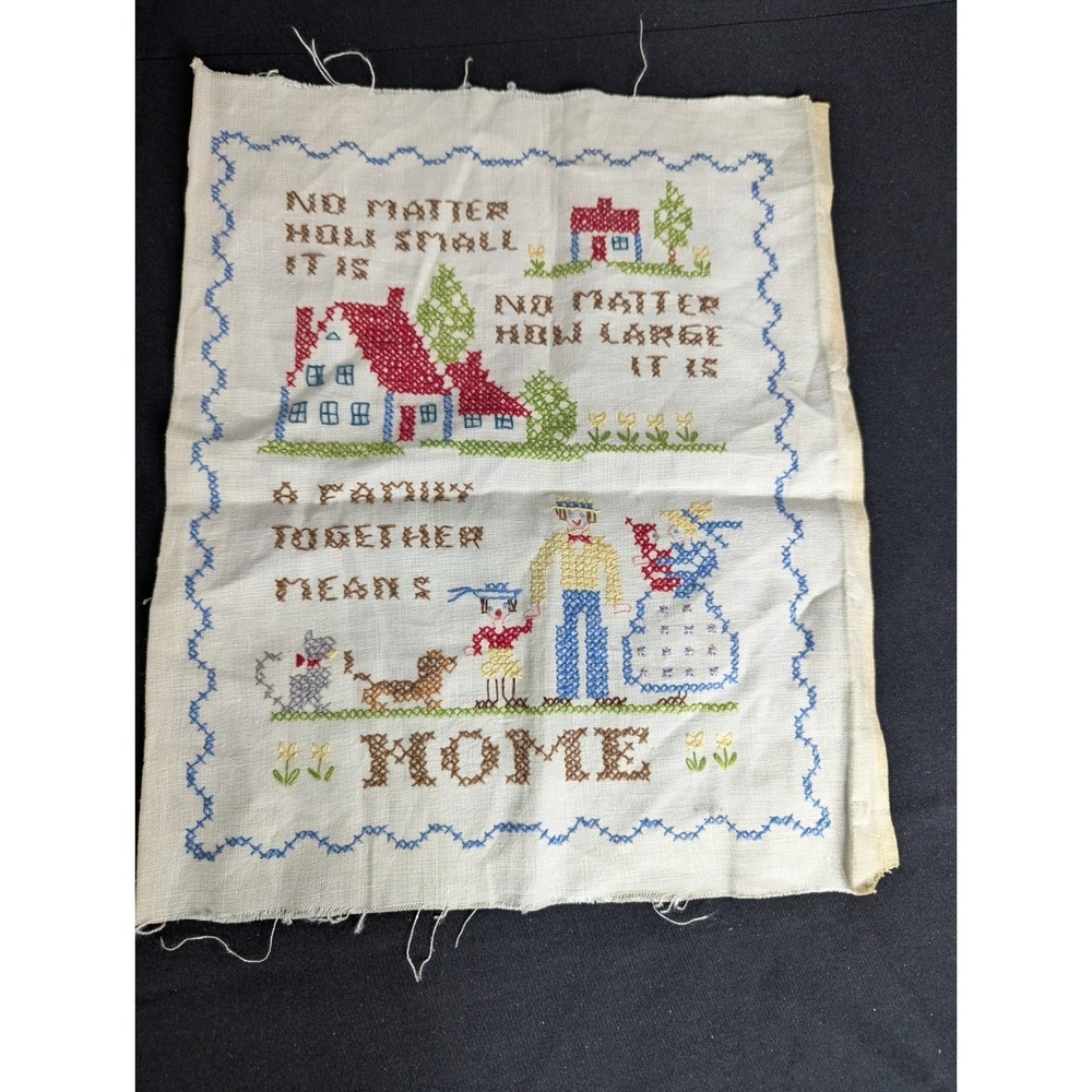 Vintage cross stitch panel No matter how small large family together means home